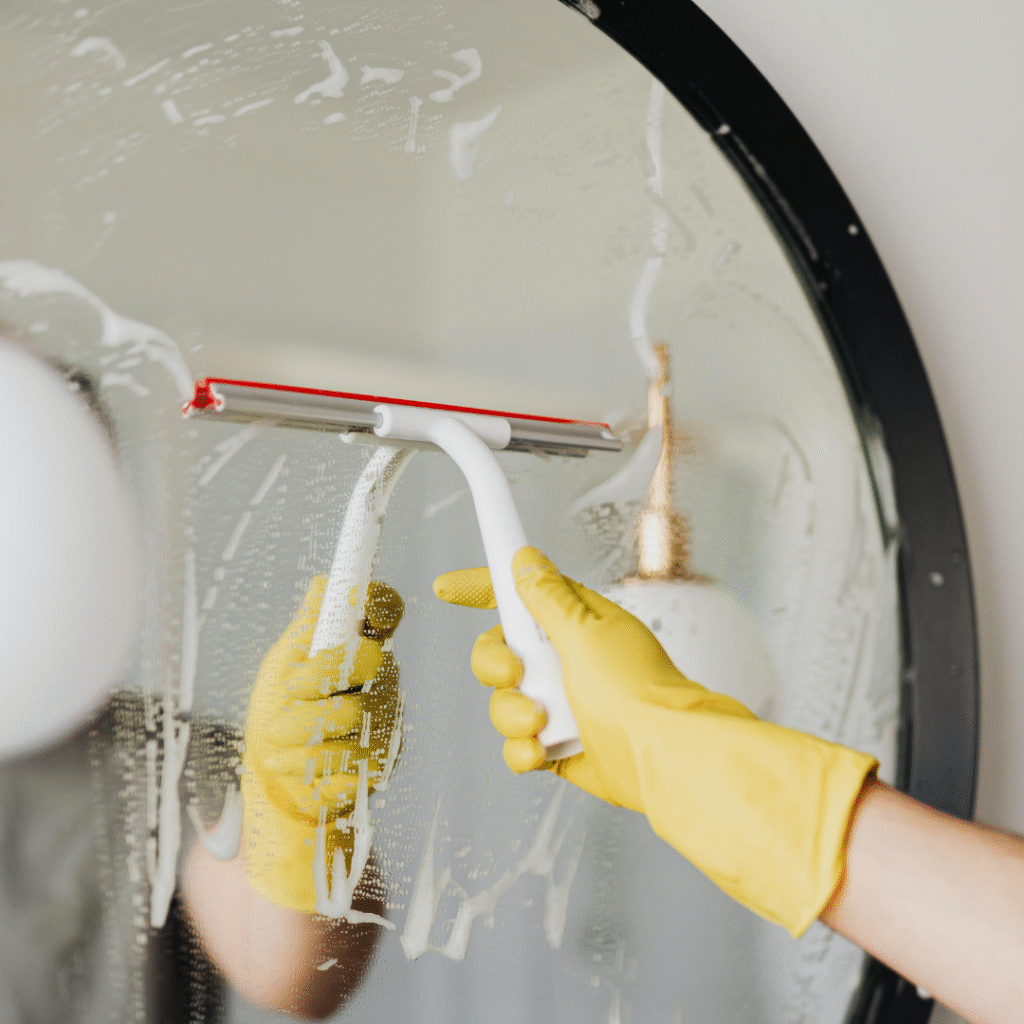 Persoon bezig met het schoonmaken van een raam.
