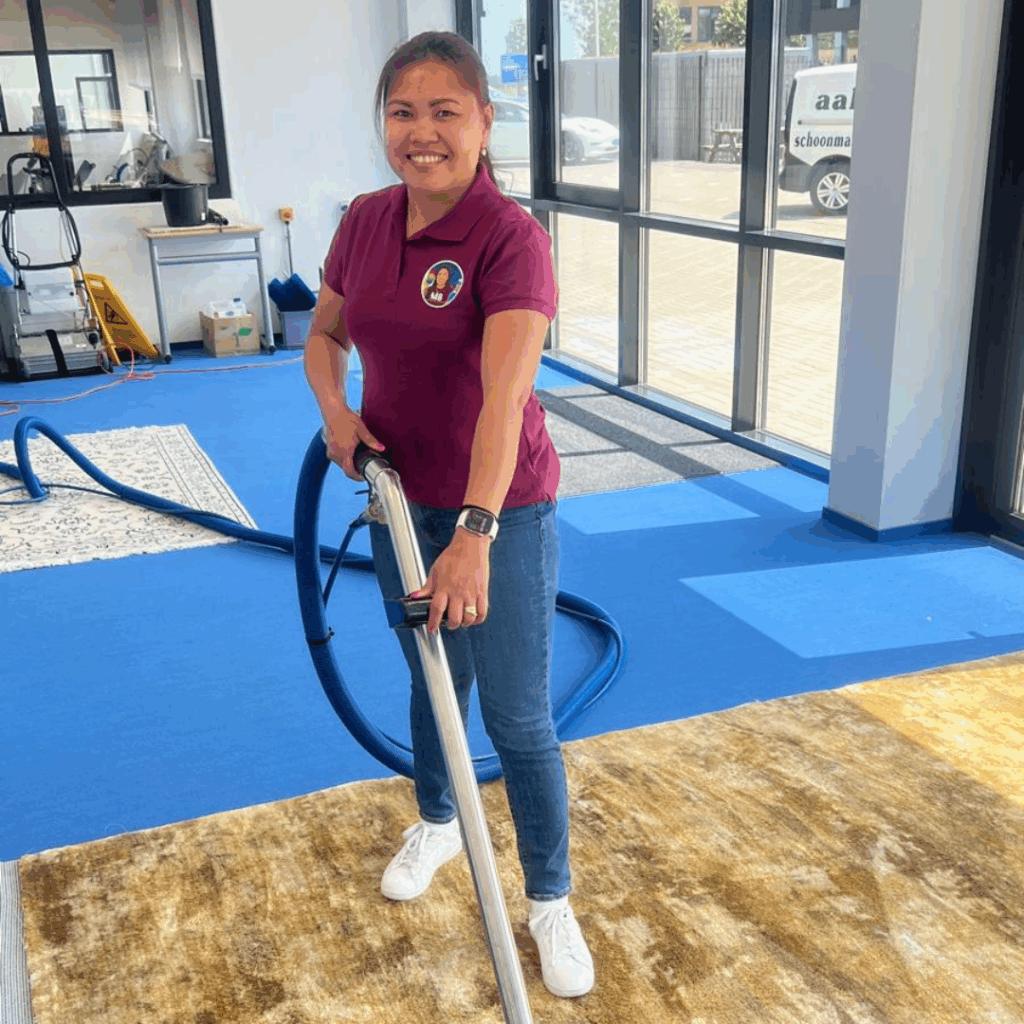 Melinda Bermudez, eigenaresse van MB Cleaning Experts, met een stofzuiger in haar handen tijdens het schoonmaken.